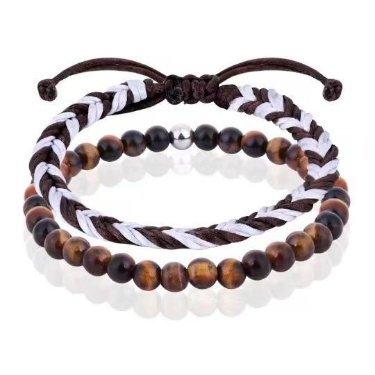 Father's Day Bracelet Set Men's Adjustable Diamond Knot 6mm Volcanic Stone Obsidian Tail Bead Lapis Lapis Bracelet