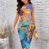 Women Plus Size Crew Neck Sleeveless Midi Dress Vivid Oil Painting Sunflower Floral Print Bodycon Dress