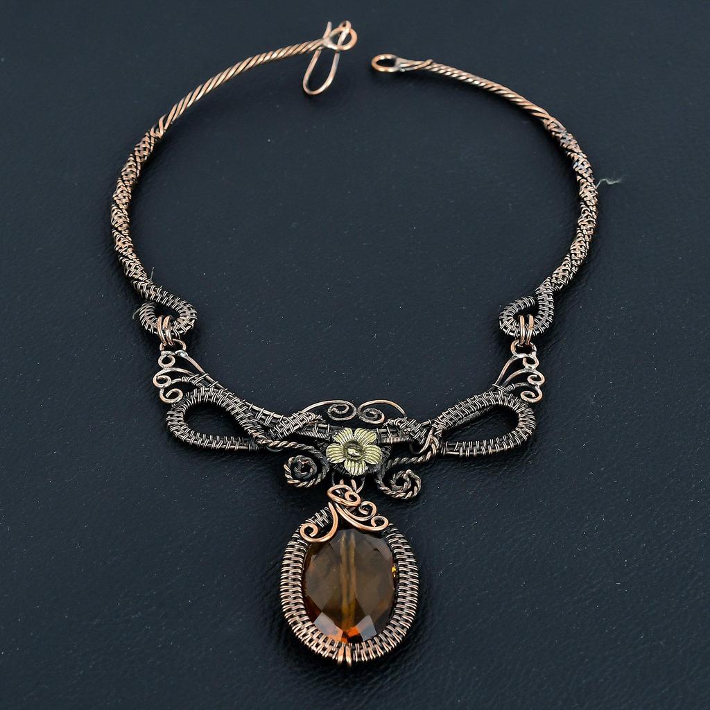 Citrine Necklace Handmade Jewelry, 999 Copper Wire Wrapped Necklace Designer Gemstone Jewelry Adjustable Chain Necklace Gift For Mom
