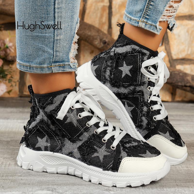 Fashion Star Print High Top Lace-up Denim Sneakers Woman Casual Fringed Short Boots Ladies Fashion Brand Design Canvas Shoes