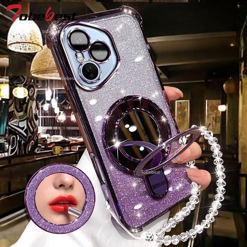 For Huawei Honor 400 Lite 300 Ultra 200 100 90 Pro Case Glitter Plating Makeup Mirror Magnetic Phone Holder Bracelet Cover