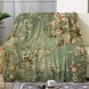 Vintage Flanelowy Koc Kwiatowo-Ptasi, Zielony Botaniczny Wzór Miękki Koc, Wystrój Domu Inspirowany Naturą do Sypialni i Salonu