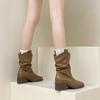 Retro Style Square Head Thick Heel Fashion Short Boots Women's Autumn and Winter Fashion with Coat Short Tube Pile Pointed High Heel Thin Boots