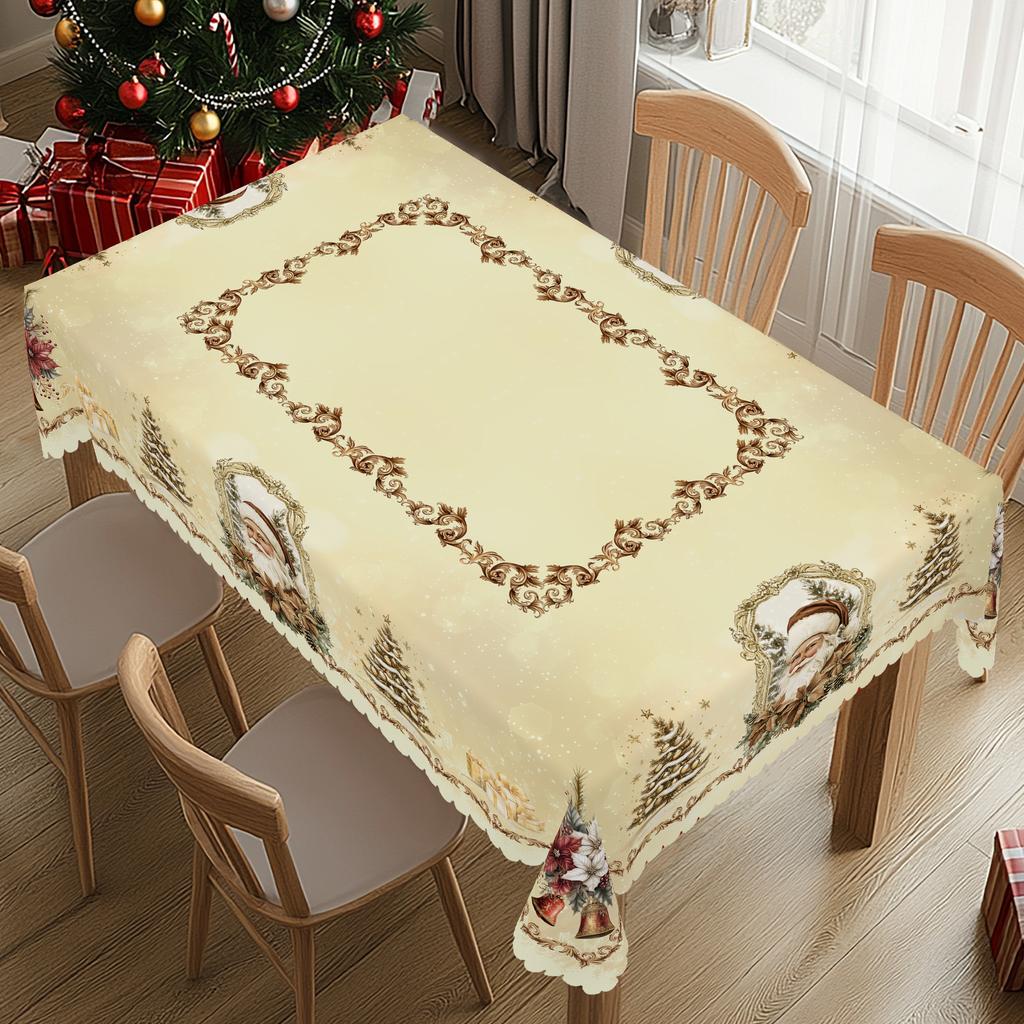 1 Piece Christmas-Themed Round And Rectangular Tablecloth, Various Sizes, Santa Claus Reindeer Vintage Gold And White Tablecloth, Christmas Yard Table