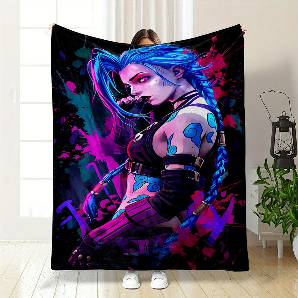 Blue Hair, Glowing Tattoos, Edgy Outfit, Colorful Splatter Background. for All Seasons Blanket Lunch Break Throw Gift