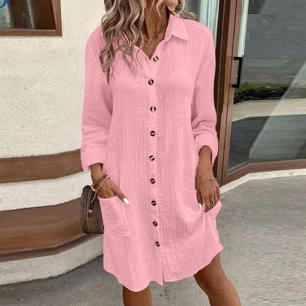New Women's Fashion Casual Solid Color Buttoned Mid-Length Long Sleeve Loose Dress
