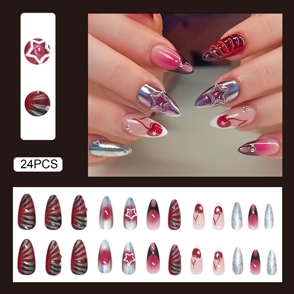 24PCS Blush Almond Fake Nails with Star Print Easy Effortless Application To Nails for Fingernail DIY Decoration