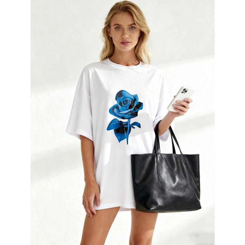Oversized T Shirt Black Blue Rose Print Casual Wear For Women Summer Outfit Street Style Fashion Top