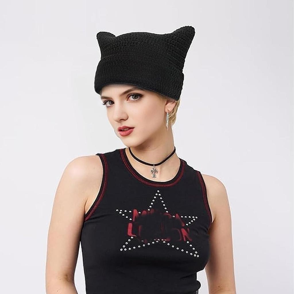 Crochet Cat Hat for Women Grunge Accessories Cat Ear Beanie Women Vintage Fox Hat Slouchy Beanies Women