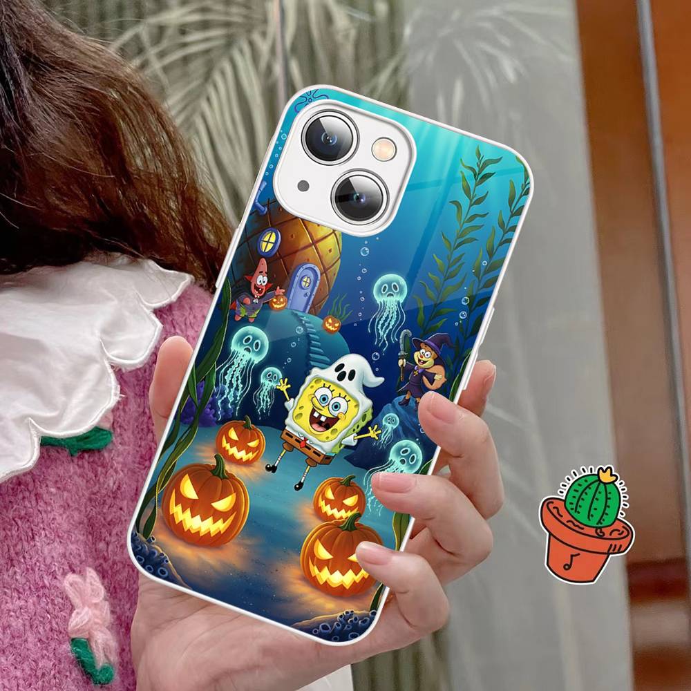 Cartoon Niedlich S-SpongeBob Anime Gehärtetes Glas Für Iphone 14 13 12 11 Pro Mini XS MAX 14Plus X XS XR Hüllen