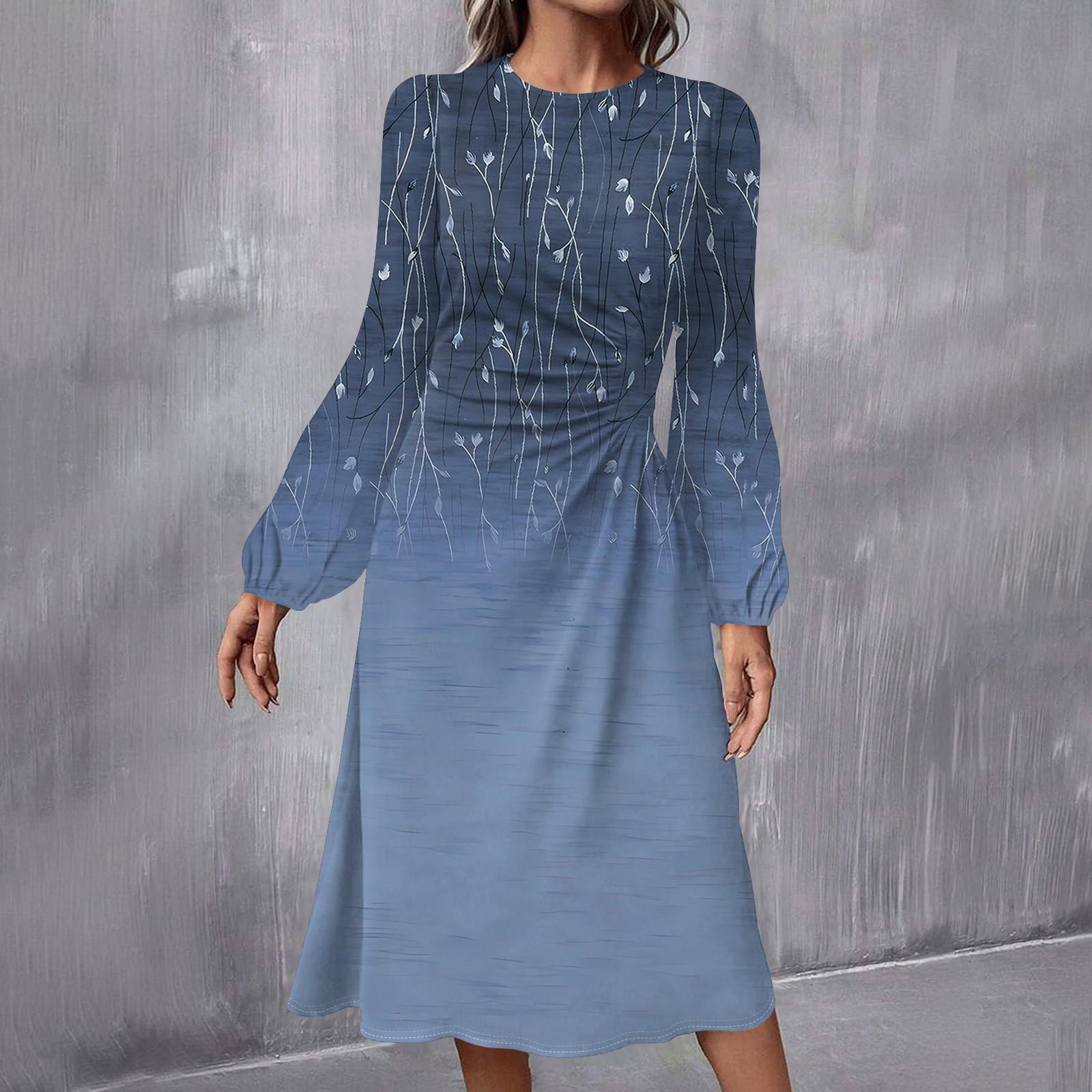 

Женское модное повседневное платье миди с круглым вырезом и длинными рукавами L синий