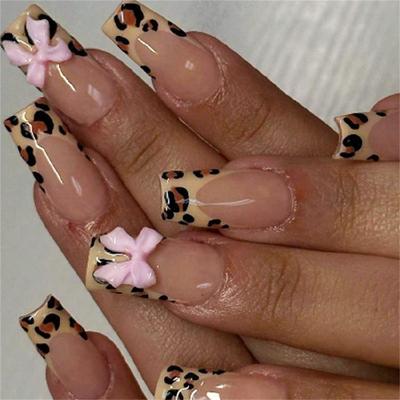 24 Piezas Uñas Postizas Francesas Adhesivas Uñas Postizas Brillantes Lazos 3D Uñas a Presión Estampado de Leopardo Uña Artificial