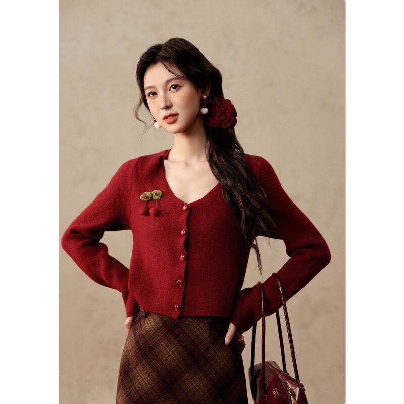 Women s Retro Red Short Knitted Cardigan L