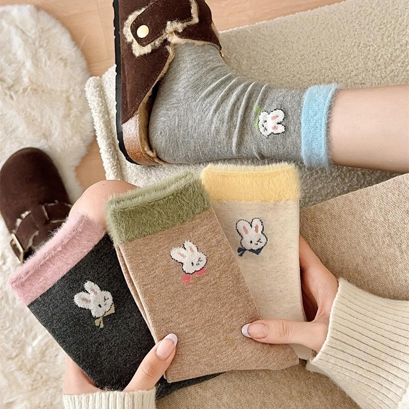 Rabbit Flocked Socks for Women, Sweet and Cartoonish, Cute Mid-calf Socks, Pure Cotton Pile Socks