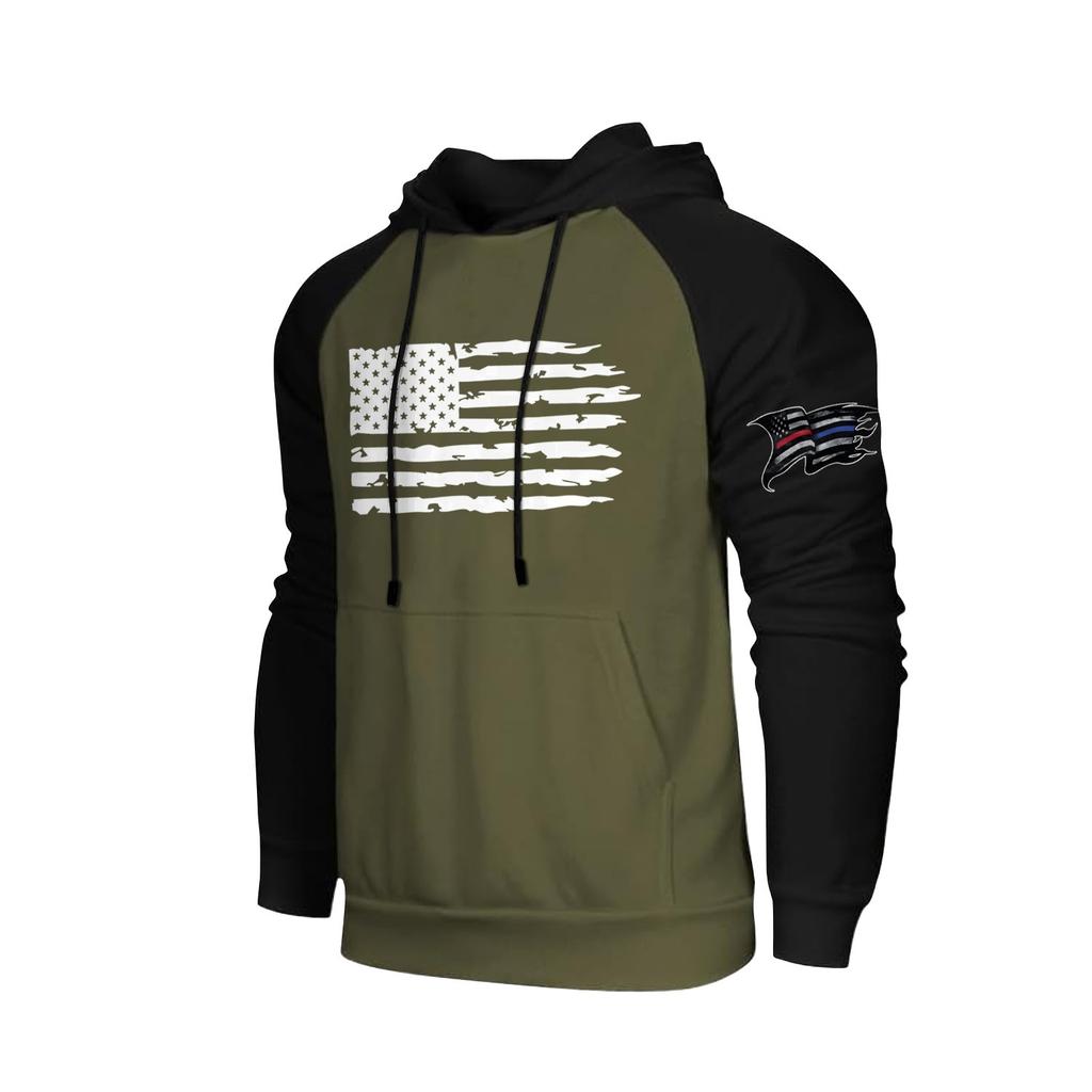 Pánská ležérní mikina s kapucí a stahovací šňůrkou, dlouhá, s potiskem vlajky a kapsami