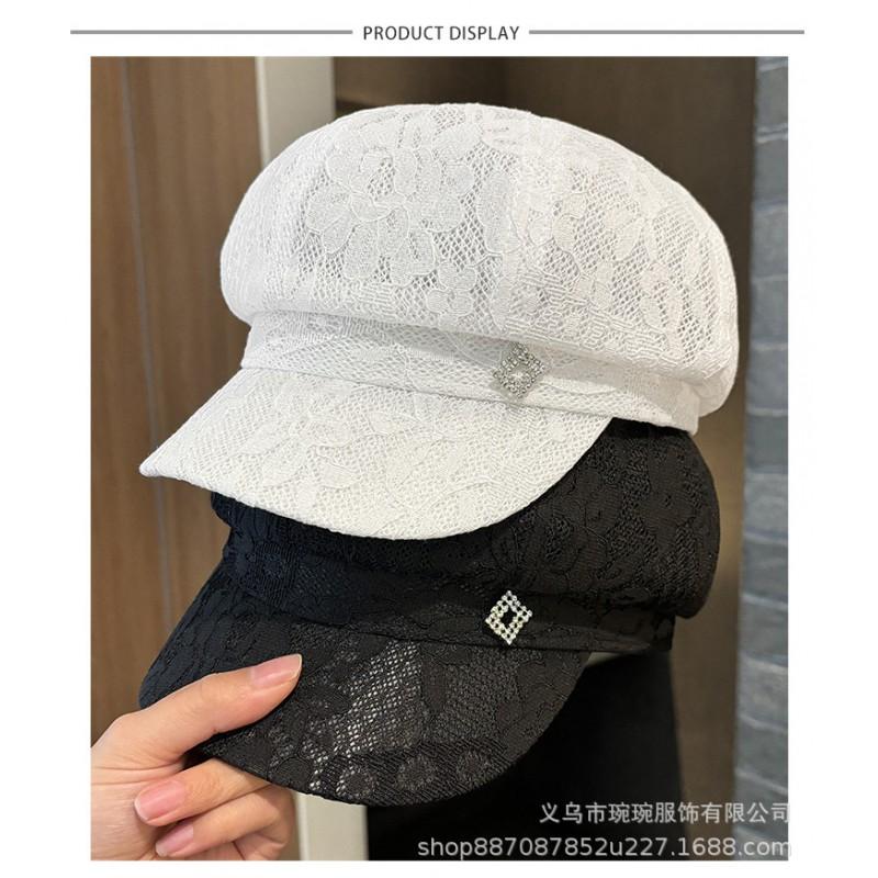 Lace Embellished Octagon Sun Hat Women - Breathable Wide Brim UV Protection Cap Foldable Fashion Beret