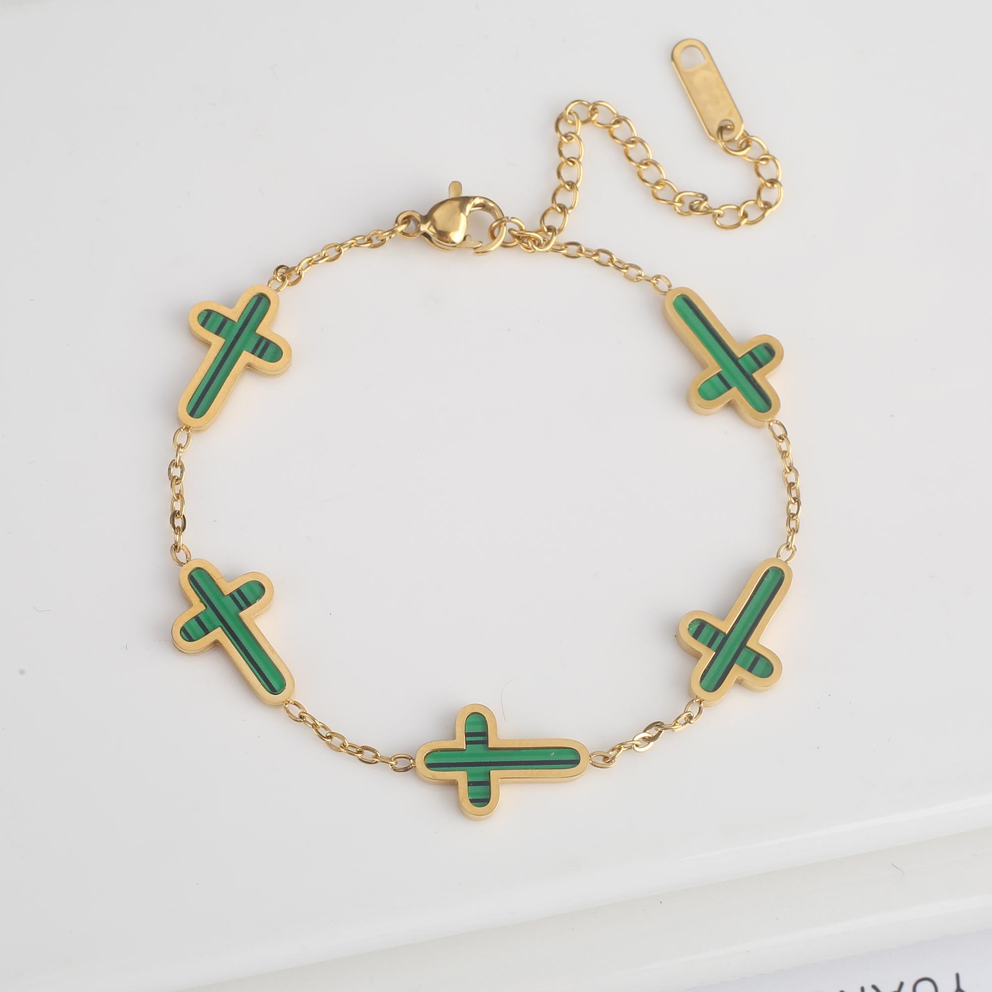 

Copper/Gold Stainless Steel Gothic Cross Adjustable Bracelet Classic for Women s Girls Party Religious Zircon Daily Wear зелений