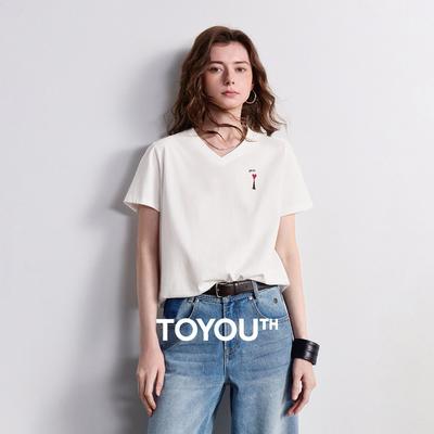 TOYOUTH Women T-shirt 2026 Summer New Pure V-neck LooseHeart Embroidered Top
