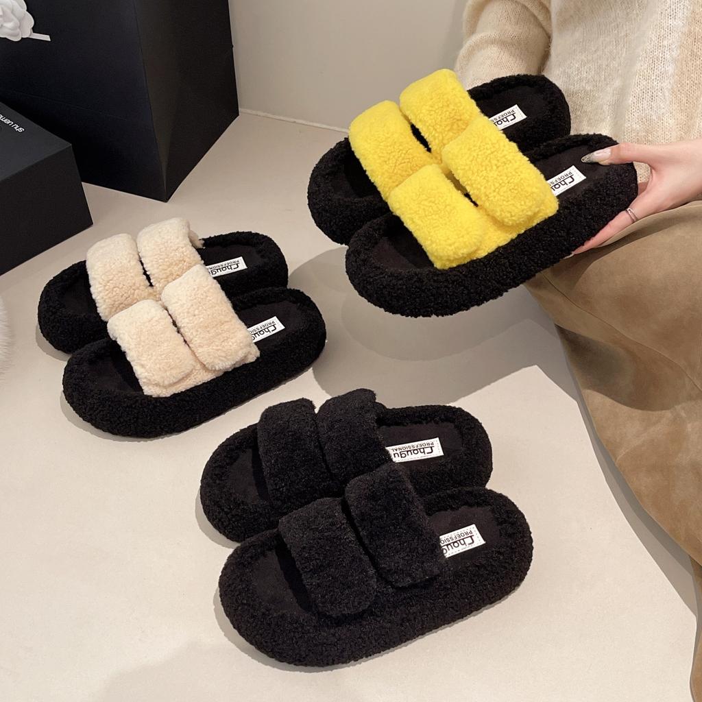 Fairy wind thick-soled fluffy slippers female outer wear 2025 new autumn and winter fashion home plush one-word cotton slippers
