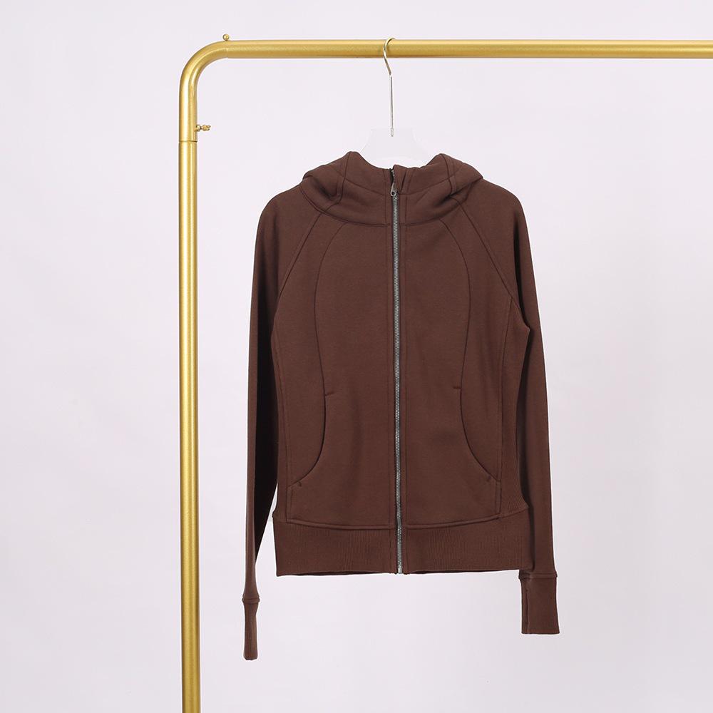 LULU Embossed Slim Fit Full Zip Fleece Hoodie - Gold Logo & Zipper, Casual Yoga Wear.