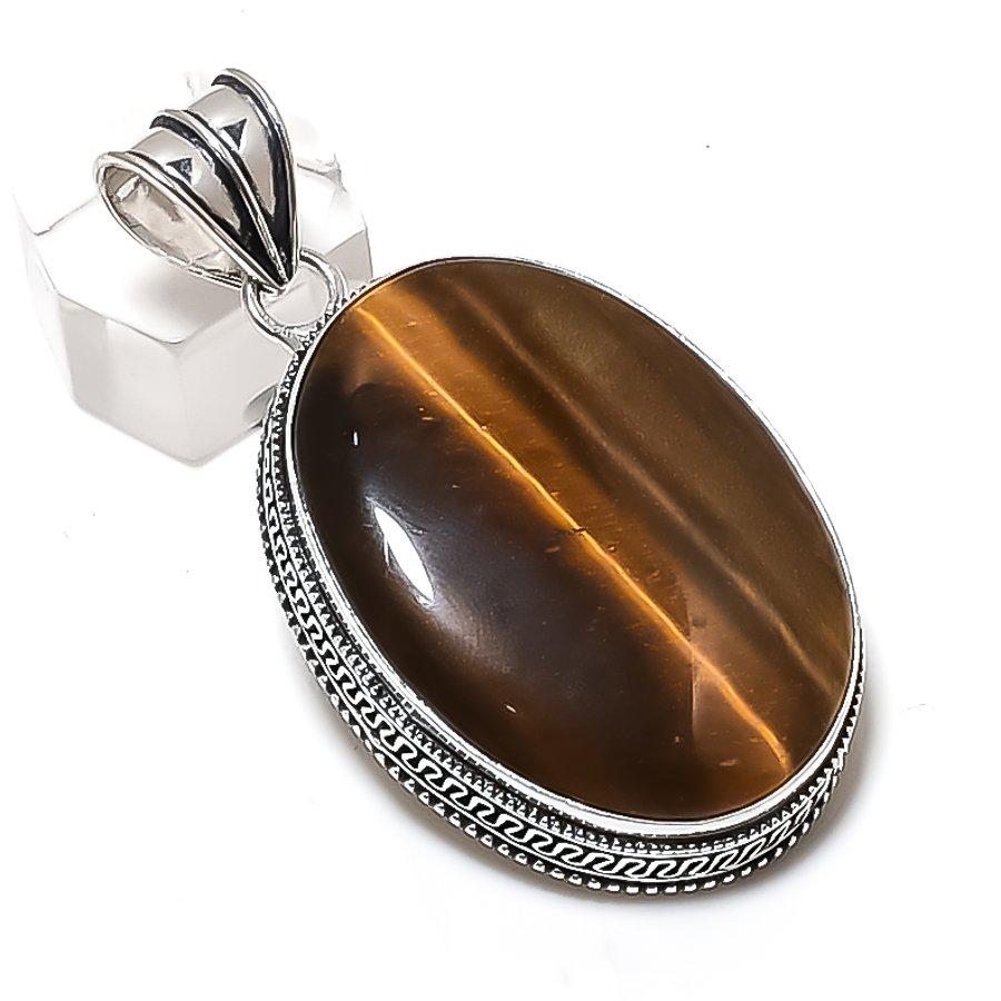 Tiger Eye Gemstone 925 Sterling Silver Jewelry Pendant 2.36"