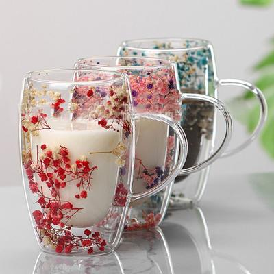 350ml Trockenblumen Glasbecher mit Henkel Schlicht Elegant Doppelwandiges Glas Tasse Kreativer Hitzebeständiger Kaffeebecher Heim&Büro