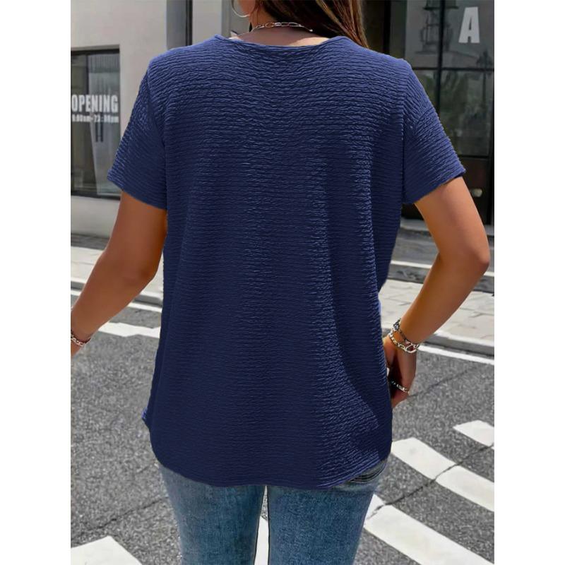 Camiseta Elegante Gola Boneca Tamanho Grande para Mulheres Cor Sólida Manga Curta Botões Plissados Tops Verão Solta Casual Simples Doce Camisa Roupa Feminina