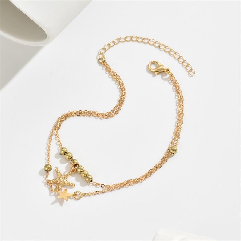 Vintage Gold Color Double Layer Anklet for Women Star Pearl Starfish Zircon Pineapple Anklets Bracelets Foot Chain Beach Jewelry