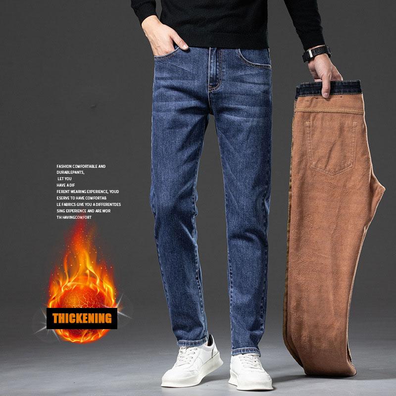 Spring And Autumn New High End Plush Jeans For Men Straight Tube Slim Fit Elastic Thick Casual Pants Autumn And Winter Men'S Pants