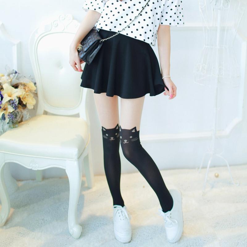 Sexy Women for Cat Tail Faux Thigh High Hosiery Pantyhose Tattoo Tights Japanese Cartoon Pattern Black Stockings Hosiery