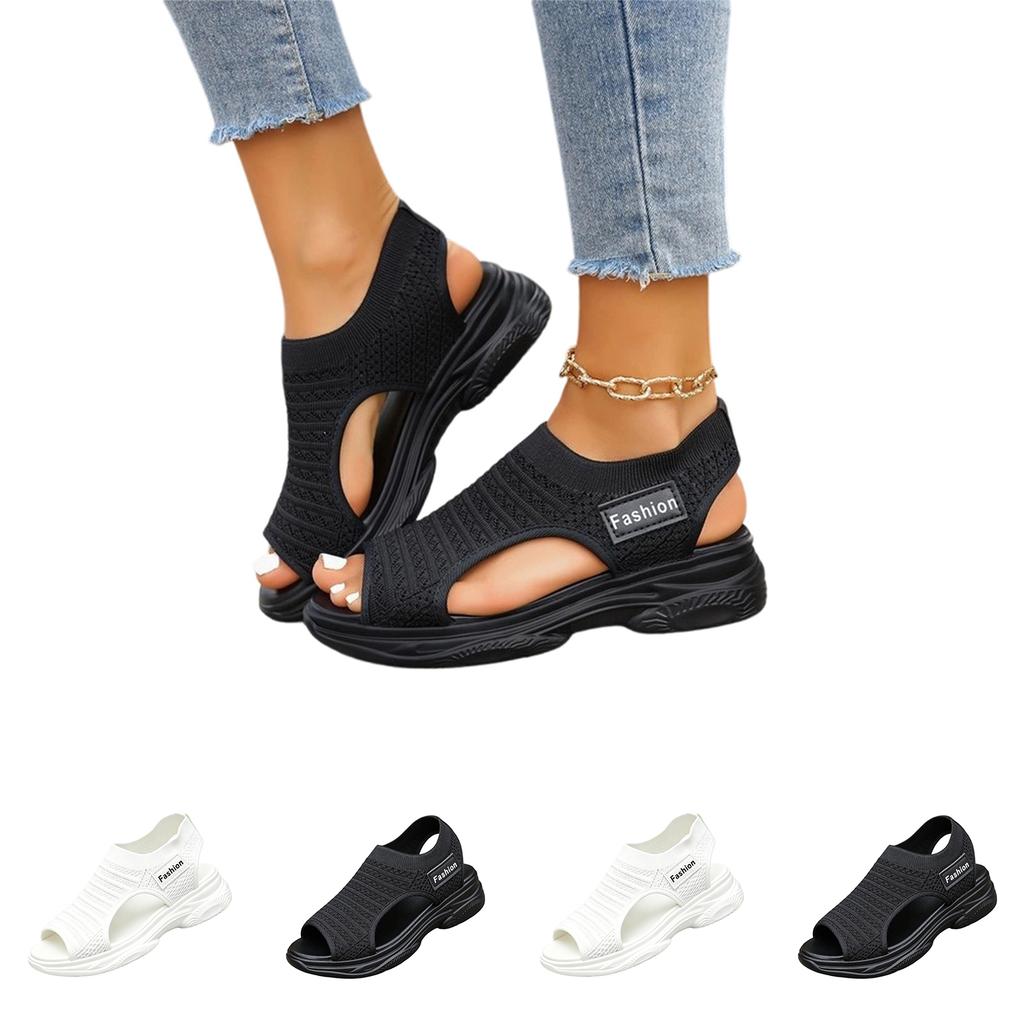 Women Plus Size Slip On Knit Open Toe Casual Sandals Lightweight Breathable Summer Shoes with Flexible Sole for Daily Wear