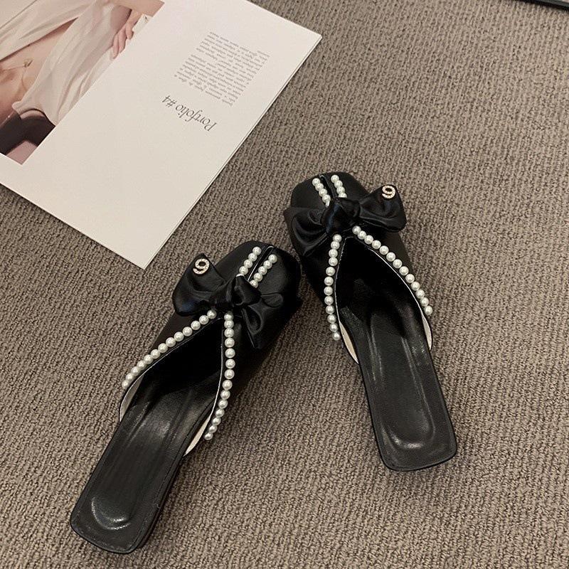 

Baotou half slippers women s new bow pearl flat bottom soft bottom fish mouth sandals 41 чёрный
