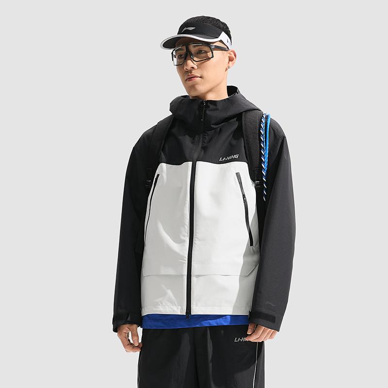 Li Ning Hooded Straight Cut Comfortable Waterproof Windbreaker Men Outerwear Black Cream AFDU689-1