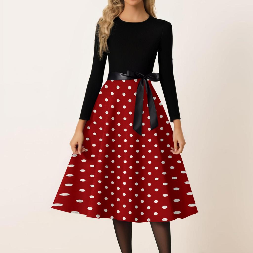 Women’s Casual Long Sleeve Crew Neck Polka Dot Print Vintage Midi Dress with Waist Belt for Everyday and Party Wear