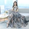 New Women's Short-sleeved Printed Imitation Ice Silk Dress French Retro Women's Elegant Beach Long Skirt