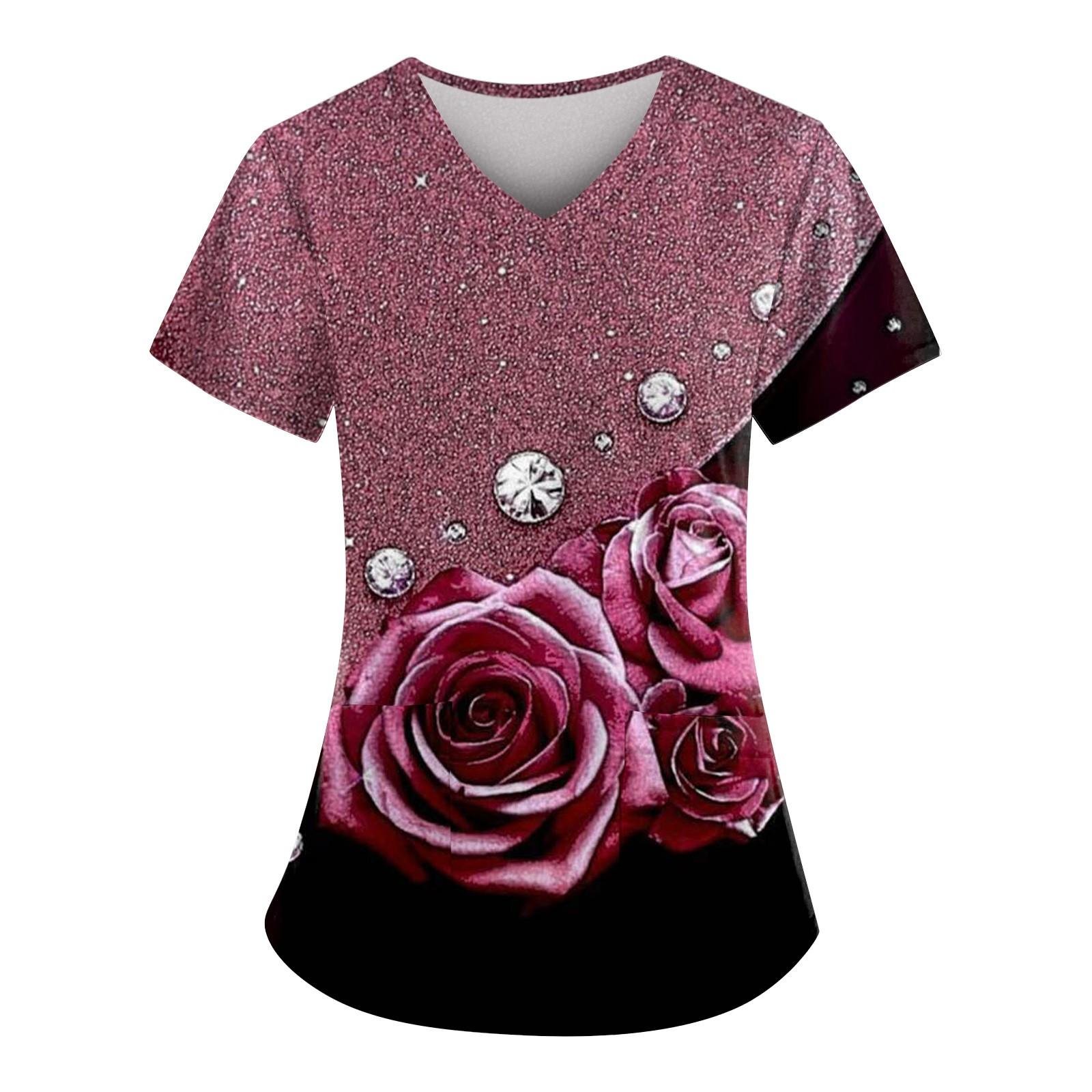 Bedruckte Scrub-Arbeitsuniform-Oberteile für Damen in Übergröße, kurzärmelig, V-Ausschnitt, lustige T-Shirts, Arbeitskleidung, T-Shirt mit Taschen XL wassermelone roten