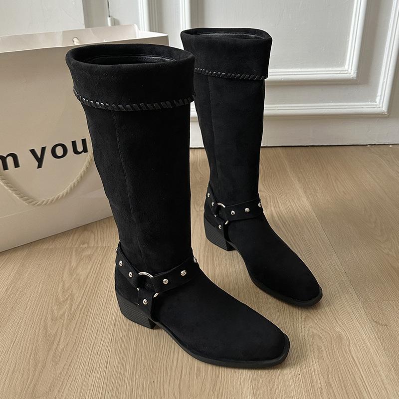 Sheepskin Version! Retro Thick Heel Medium Tube Suede Knight Boots Pointed Western Cowboy Boots Women Wear Belt Buckle Short Boots