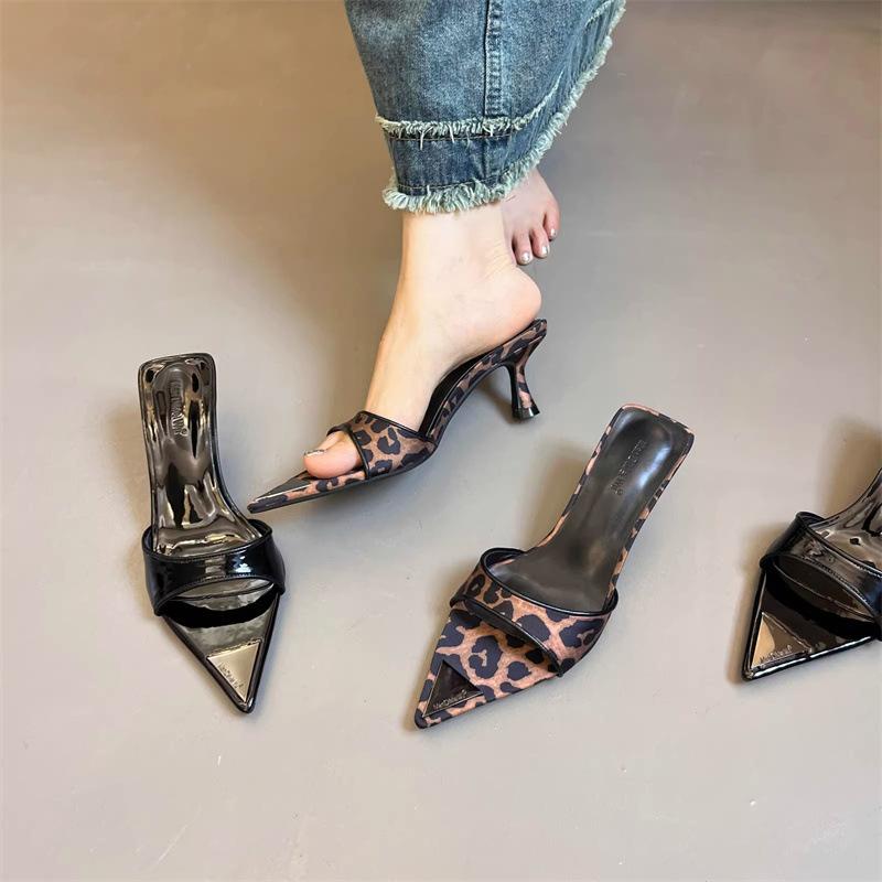 European and American Fashion Leopard Print High-heeled Slippers Women's 2025 New Summer Wear Pointed Sexy Stiletto Open-toed Sandals Women