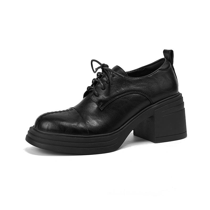 New Casual Women's High Heels Lace-up Women's Fashion Single Shoes Wear Round Head Square Heel Rubber Sole Low-top Shoes In All Seasons