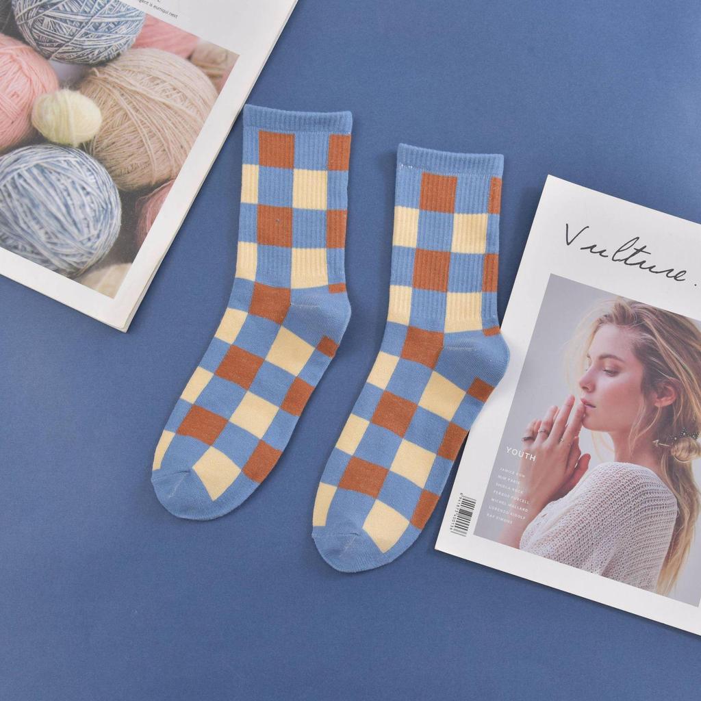 New Women's Blue Plaid College Style Couple Socks - Trendy Japanese Mid-Tube Autumn/Winter Socks