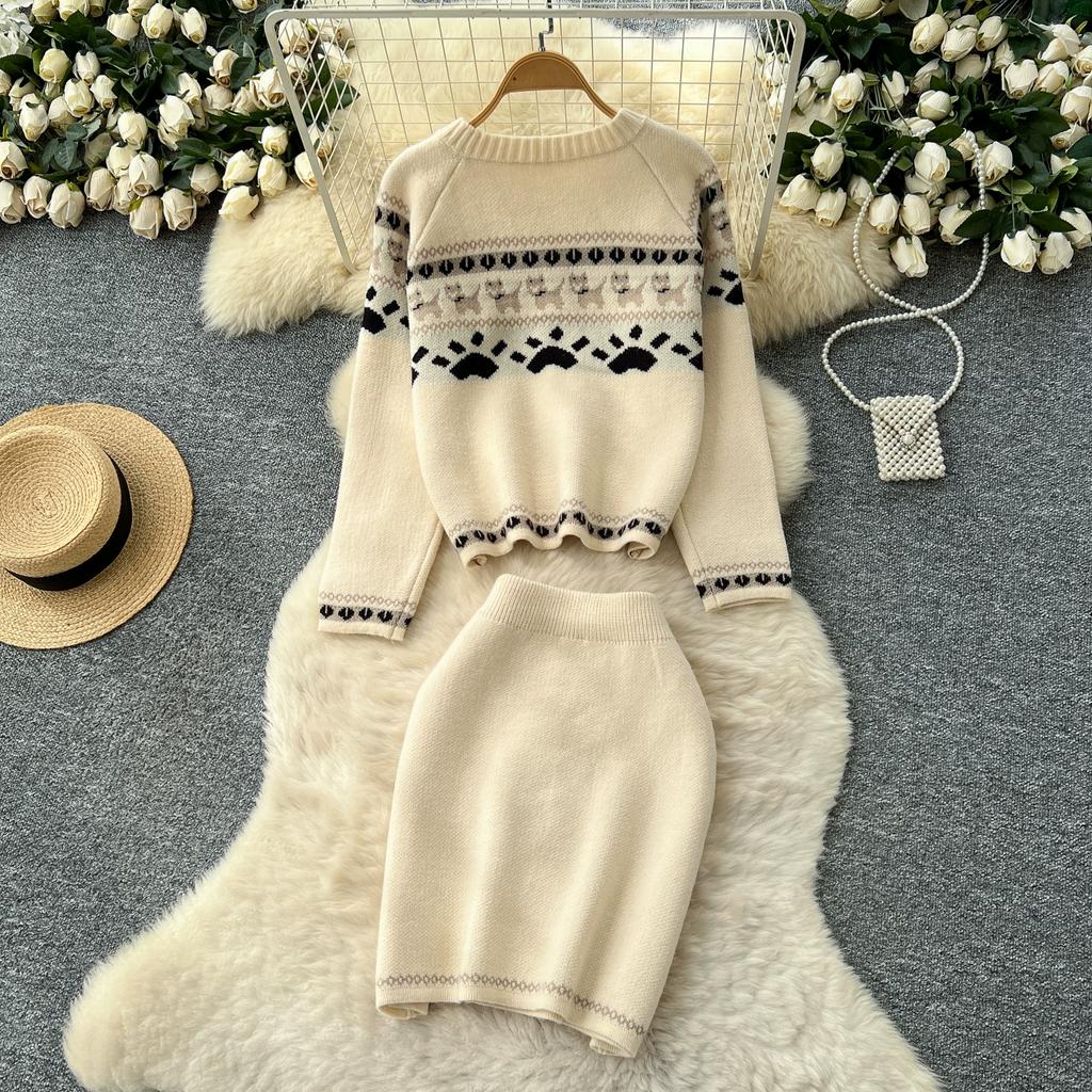 Autumn Winter Women Sweet Print Knitted Sweater Two Piece Set Single Breasted Cardigans Jacket and Mini Short Sheath Skirt Suit