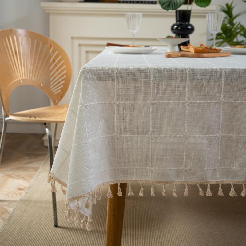 Simple Modern Linen Embroidered Tablecloth Solid Color Check Fringe Tea Table Cover 90*90cm