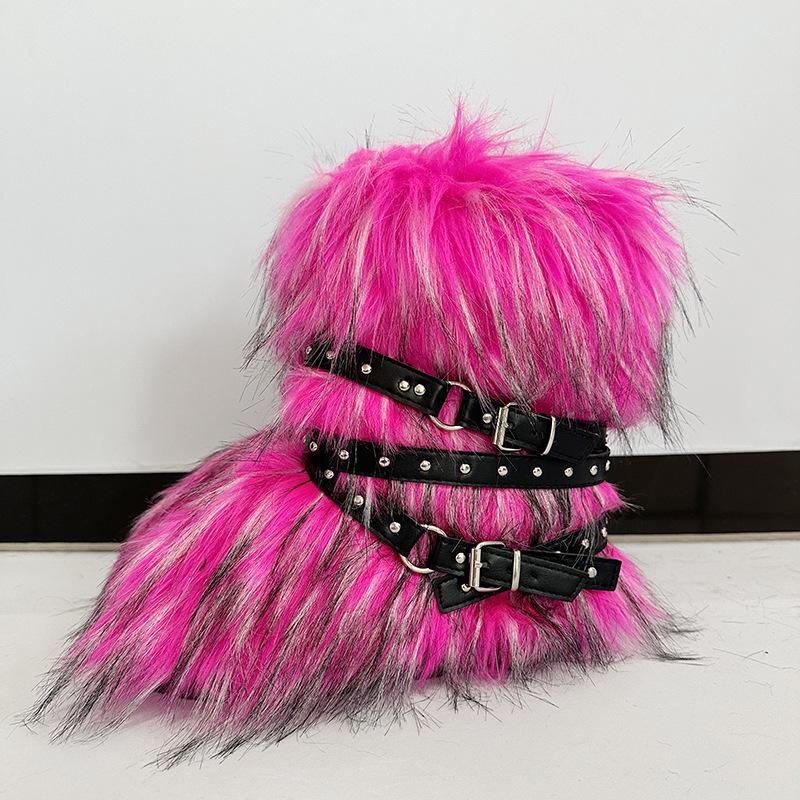 Damen Winterimitat Fuchsfell Stiefel Gürtel Punk Europäisch und Amerikanisch hoher Schaft 40 langer Schaft Schneestiefel Schuhe