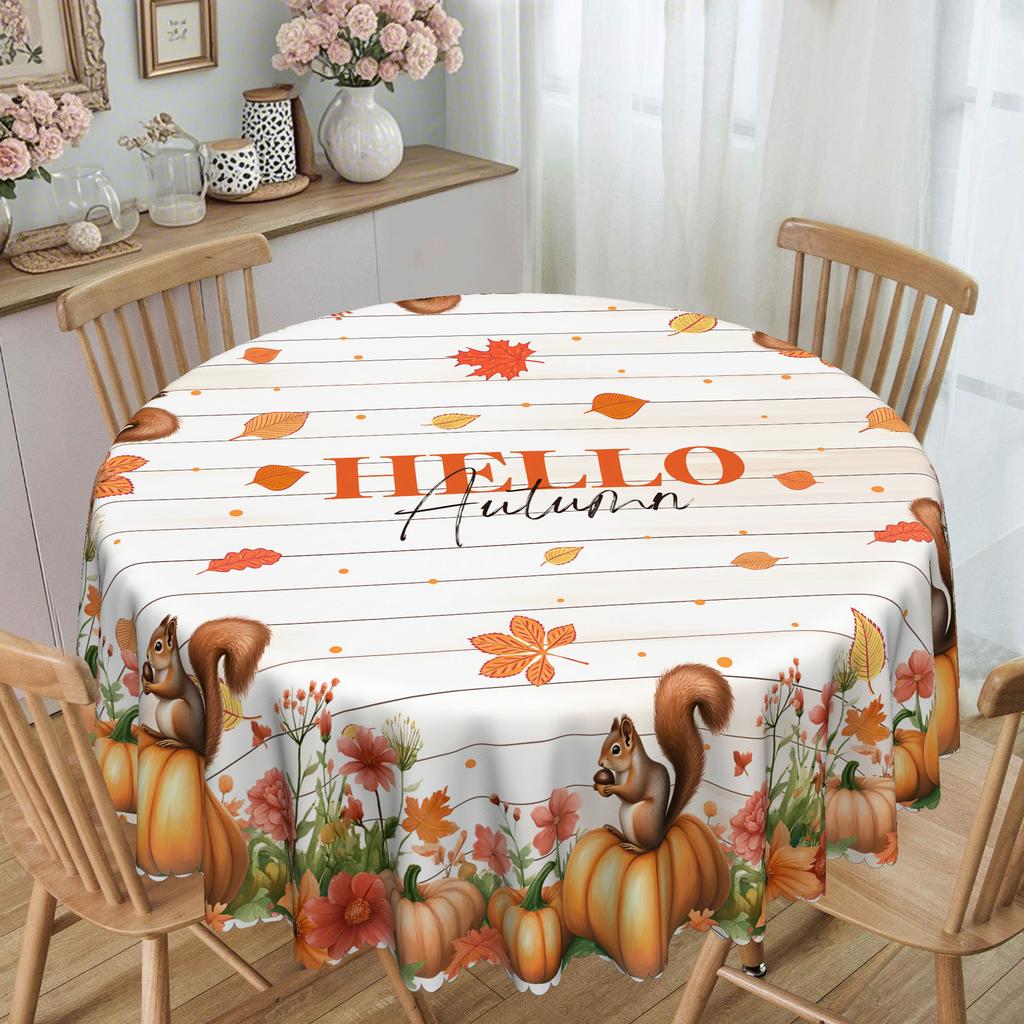 1 Thanksgiving Harvest Tablecloth, Rustic Grid Round Autumn Tablecloth With Cute Dog And Leaves