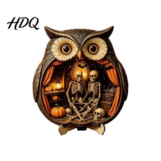 Cozy Halloween Scene Decor Wooden Owl Tabletop Centerpiece 2D Flat Pumpkin Ghost