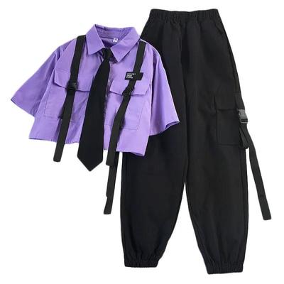 Autumn Streetwear Pants High-Waist Straight Ribbon Cargo Pants Student Loose Short-Sleeved Shirt with Tie Two-piece Set