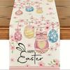 Easter Bunny Egg Tulip Linen Table Runner Holiday Party Decor Spring Cherry Blossoms Table Runnes for Kitchen Dining Table Decor