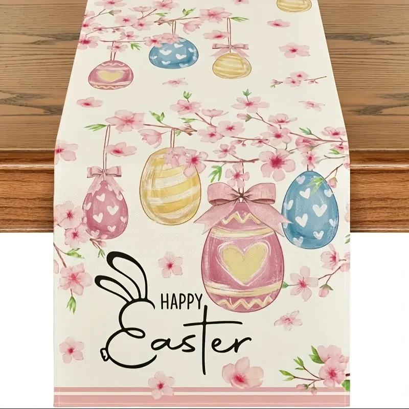 Easter Bunny Egg Tulip Linen Table Runner Holiday Party Decor Spring Cherry Blossoms Table Runnes for Kitchen Dining Table Decor