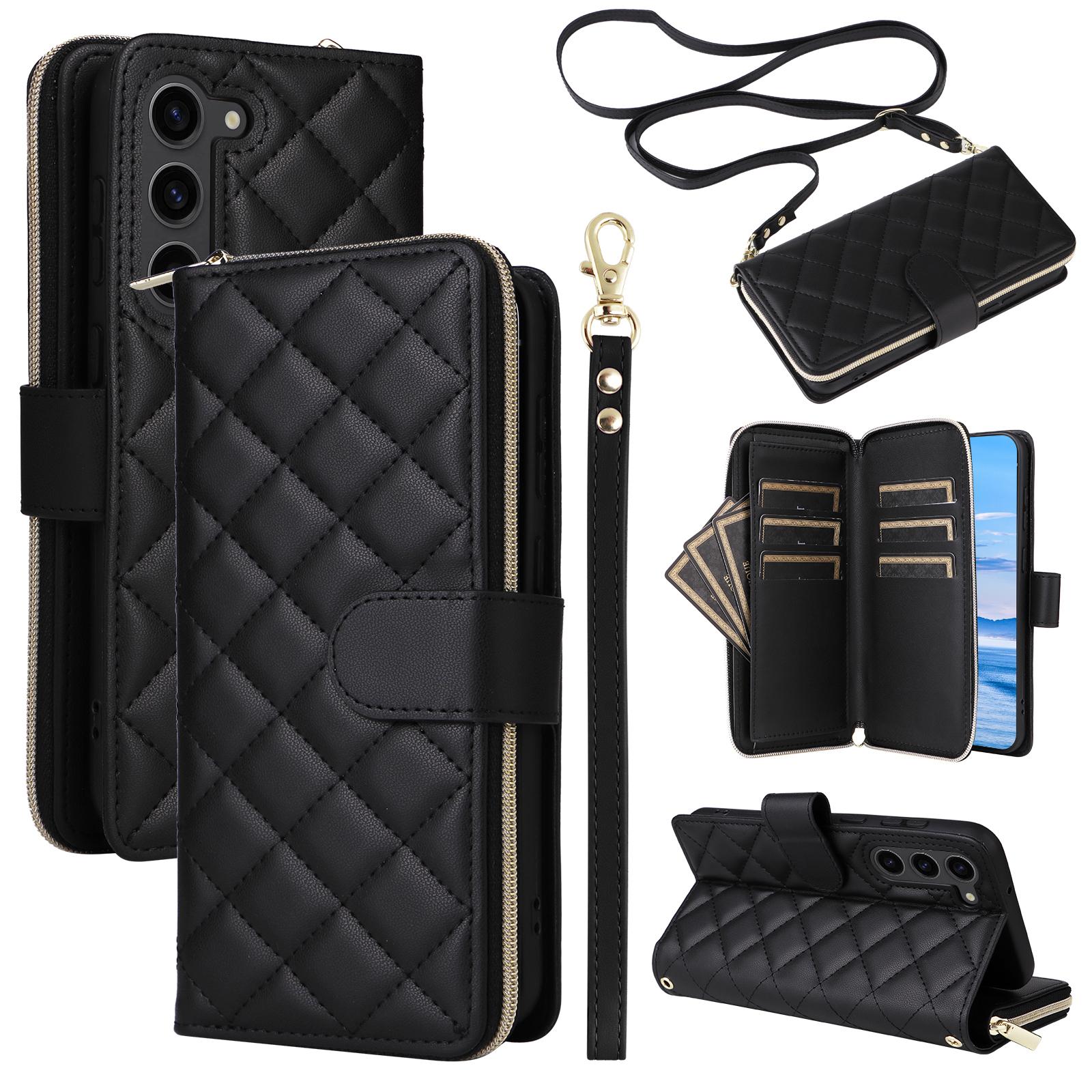 

For Samsung Galaxy S23+ Case Rhombus Zipper Wallet Leather Phone Cover with Straps Black