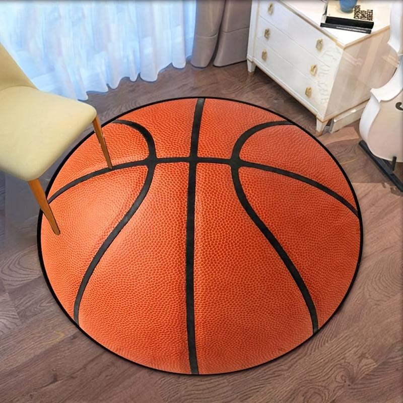 3D Basketball Flannel Round Rug - Sporty Orange  Black Decor for Living Room  Bedroom, Non-Slip Home